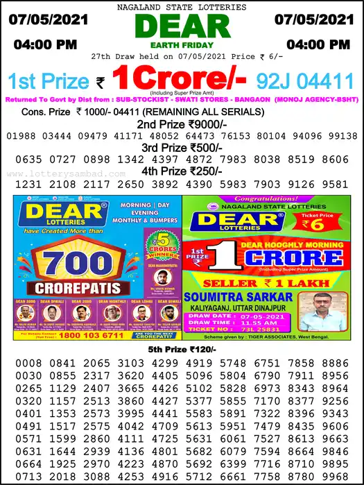 Lottery Sambad 6 PM result 07 May 2021