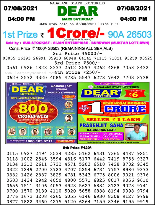 Lottery Sambad 6 PM result 07 Aug 2021