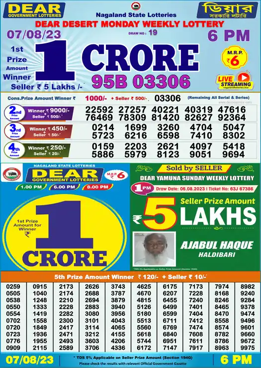 Lottery Sambad 6 PM result 07 Aug 2023