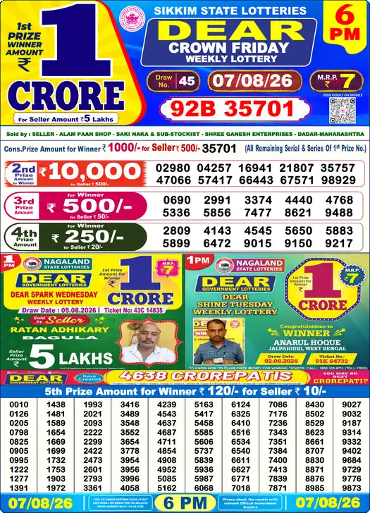 Lottery Sambad 6 PM result 07 Aug 2026