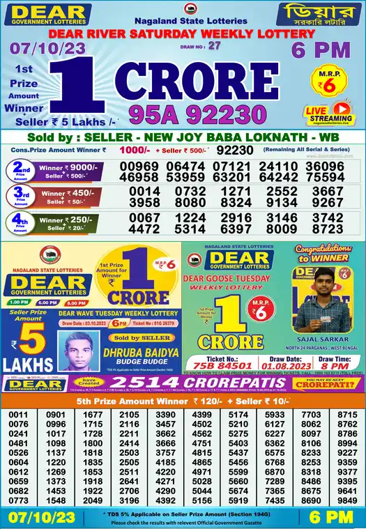 Lottery Sambad 6 PM result 07 Oct 2023