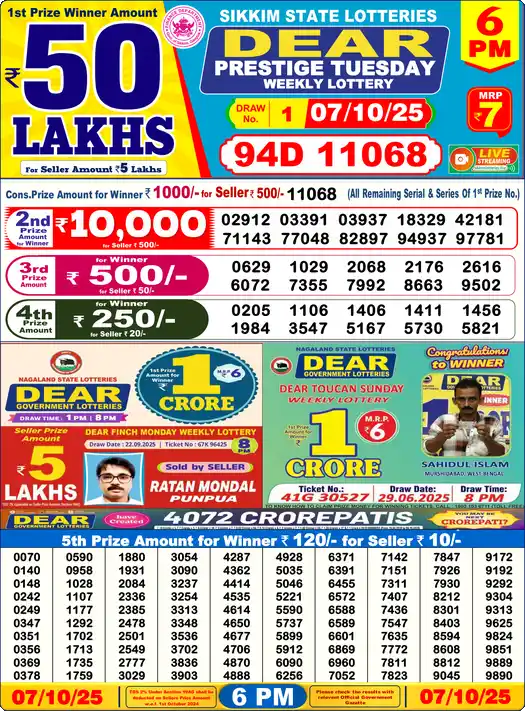 Lottery Sambad 6 PM result 07 Oct 2025