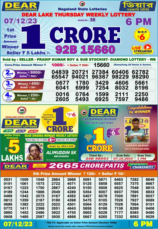 Lottery Sambad 6 PM result 07 Dec 2023