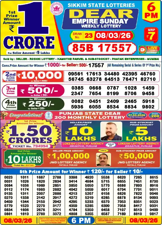 Lottery Sambad 6 PM result 08 Mar 2026