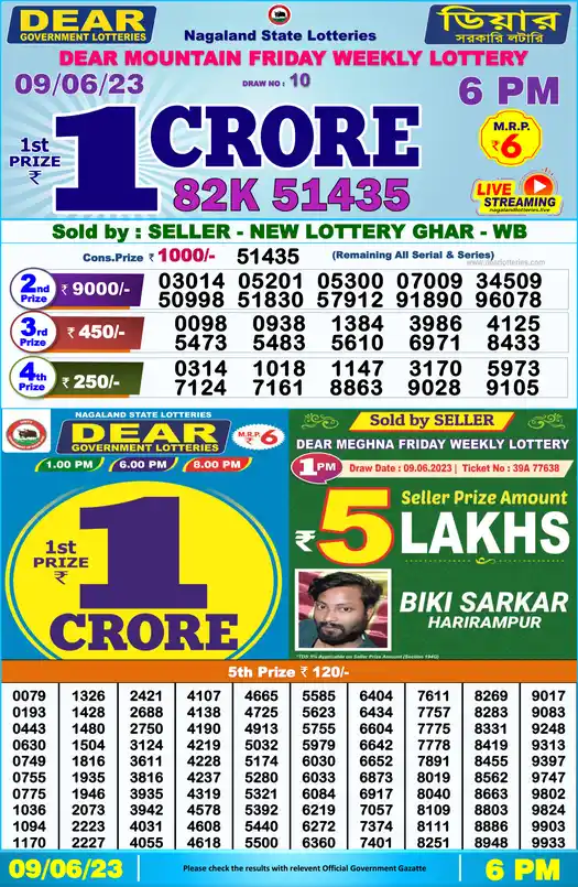 Lottery Sambad 6 PM result 09 Jun 2023