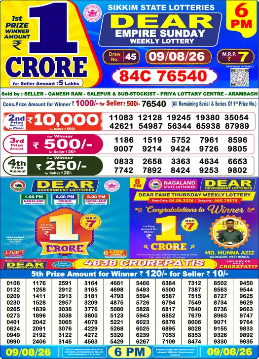Lottery Sambad Result 6 PM 09 Aug 2026