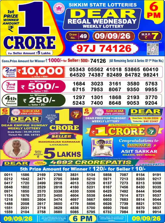 Lottery Sambad 6 PM result 09 Sep 2026