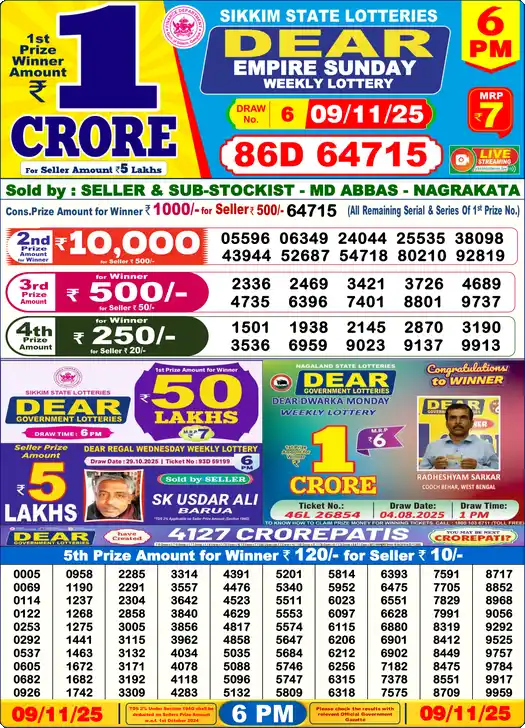 Lottery Sambad 6 PM result 09 Nov 2025