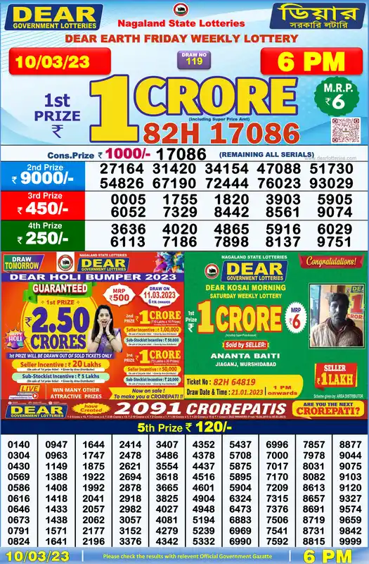 Lottery Sambad 6 PM result 10 Mar 2023