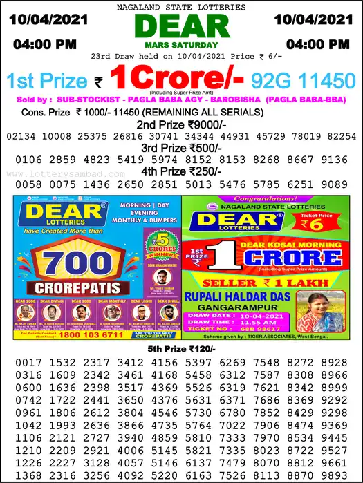 Lottery Sambad 6 PM result 10 Apr 2021