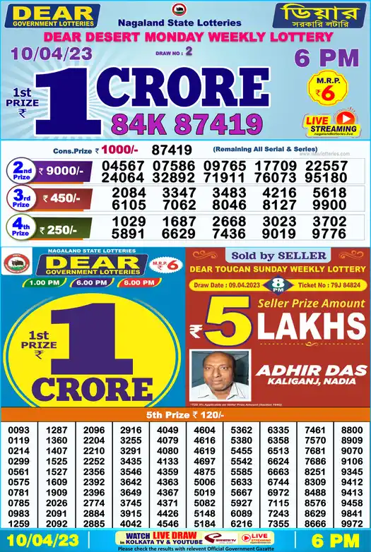 Lottery Sambad 6 PM result 10 Apr 2023