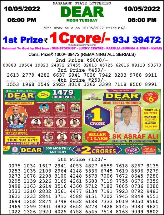 Lottery Sambad 6 PM result 10 May 2022