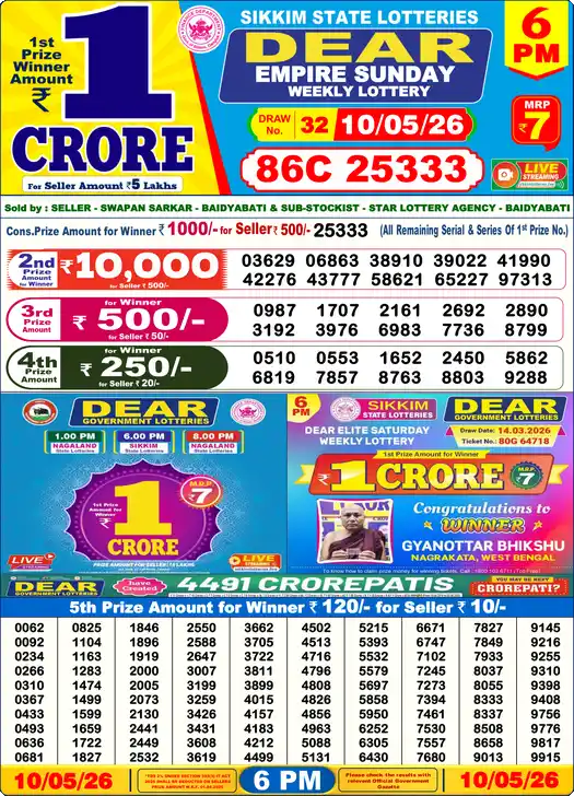 Lottery Sambad Result 6 PM 10 May 2026