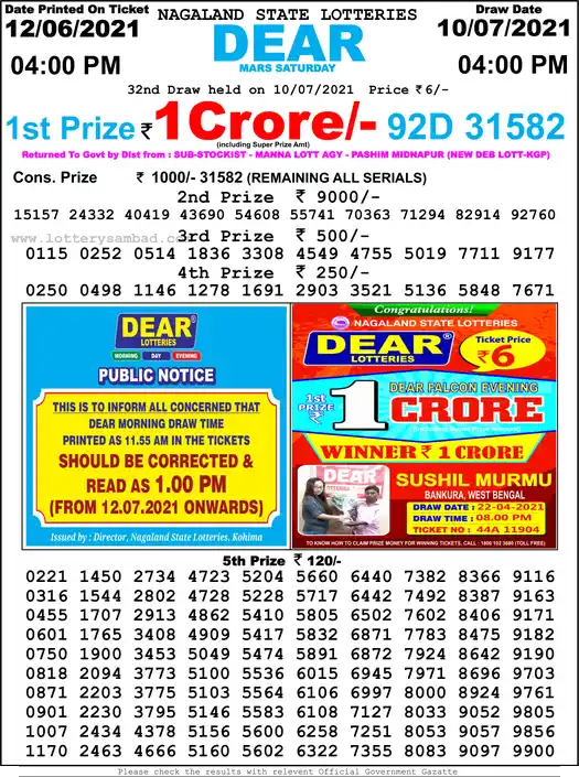 Lottery Sambad 6 PM result 10 Jul 2021