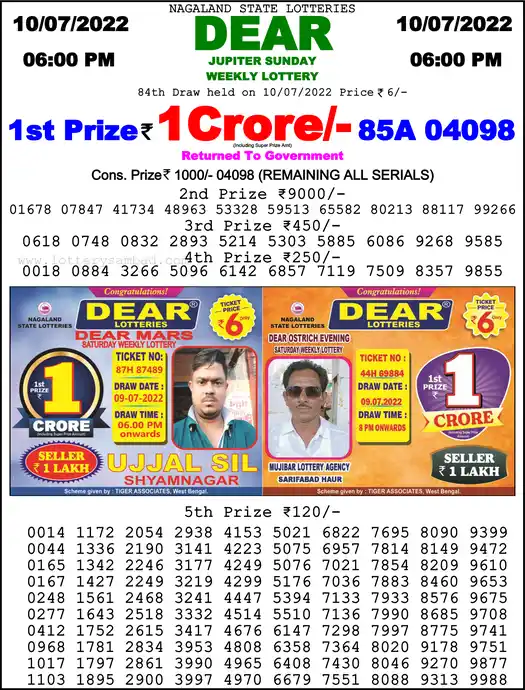 Lottery Sambad 6 PM result 10 Jul 2022