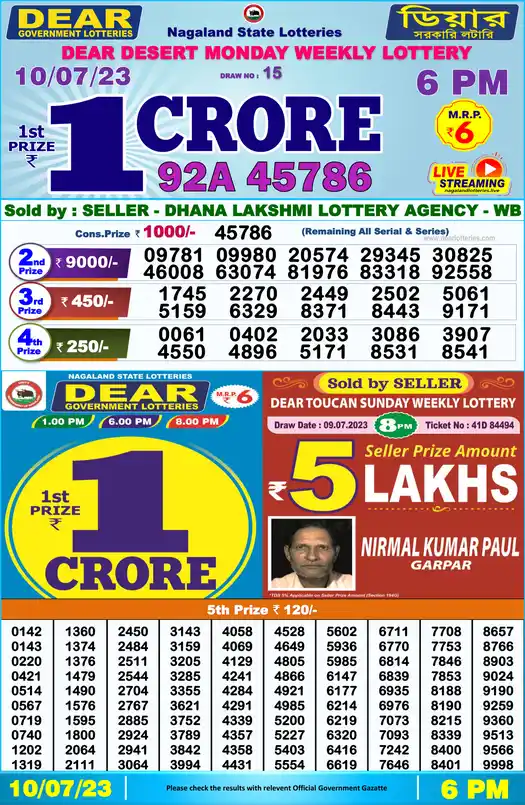 Lottery Sambad 6 PM result 10 Jul 2023