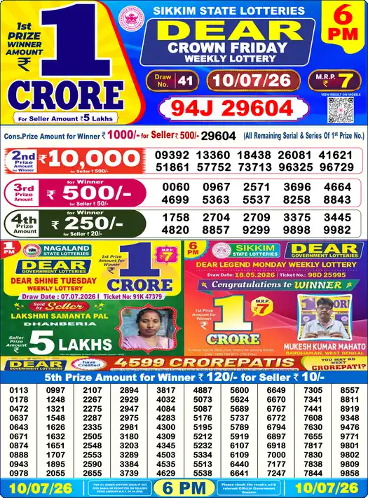 Lottery Sambad 6 PM result 10 Jul 2026