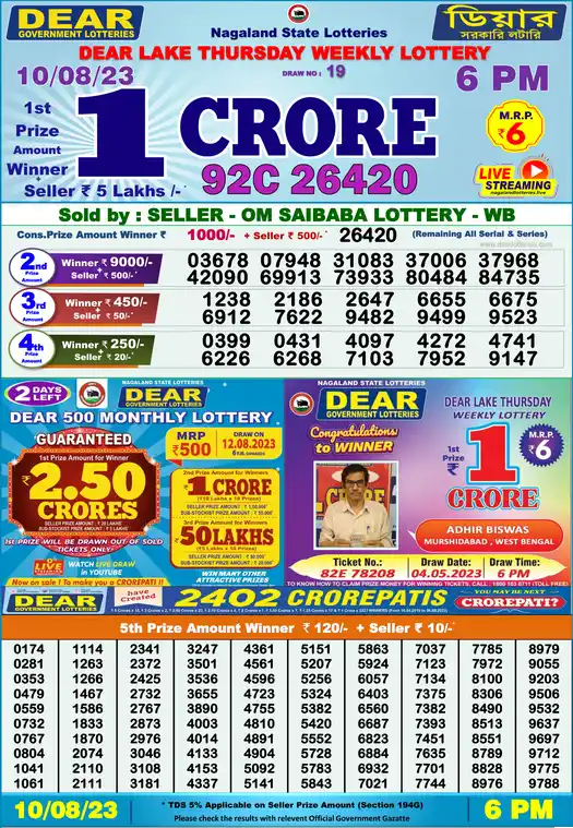 Lottery Sambad 6 PM result 10 Aug 2023