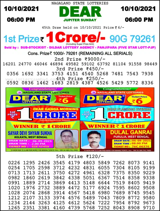 Lottery Sambad 6 PM result 10 Oct 2021