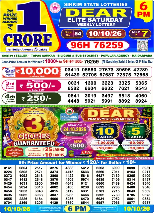 Dear Lottery 6 PM result yesterday 10-10-2026 — 1st prize 96H 76259