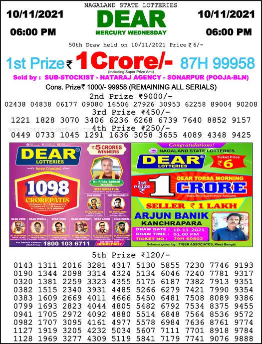 Lottery Sambad 6 PM result 10 Nov 2021