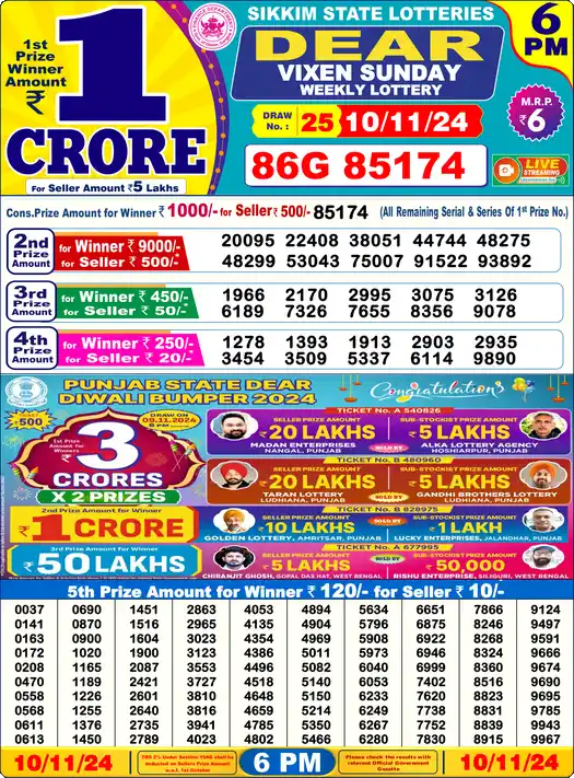 Lottery Sambad 6 PM result 10 Nov 2024