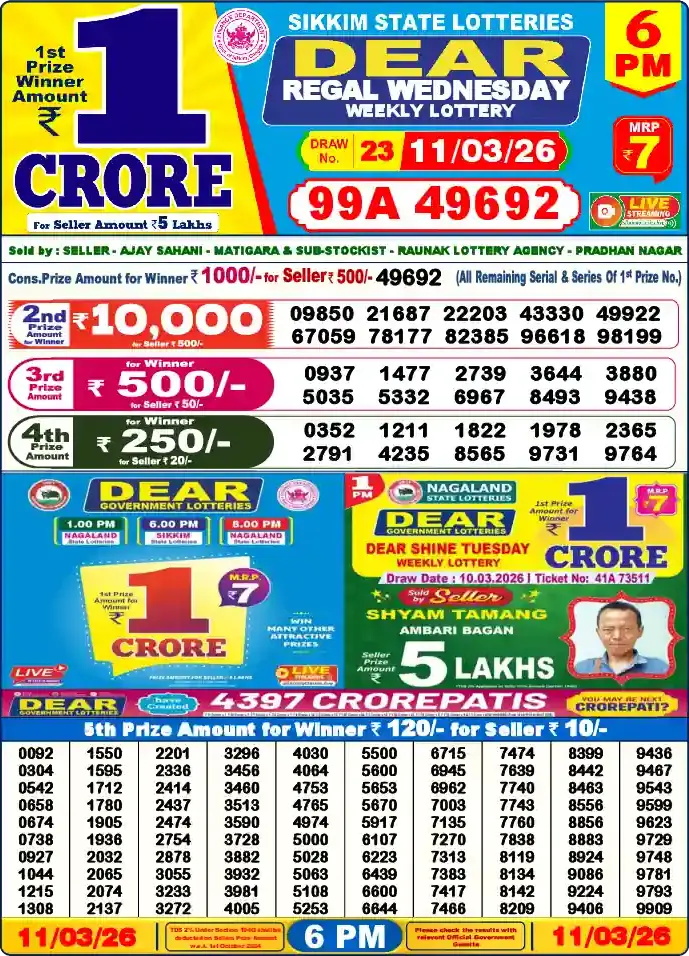 Lottery Sambad 6 PM result 11 Mar 2026