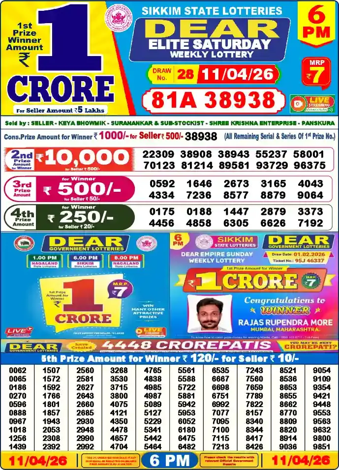 Lottery Sambad 6 PM result 11 Apr 2026