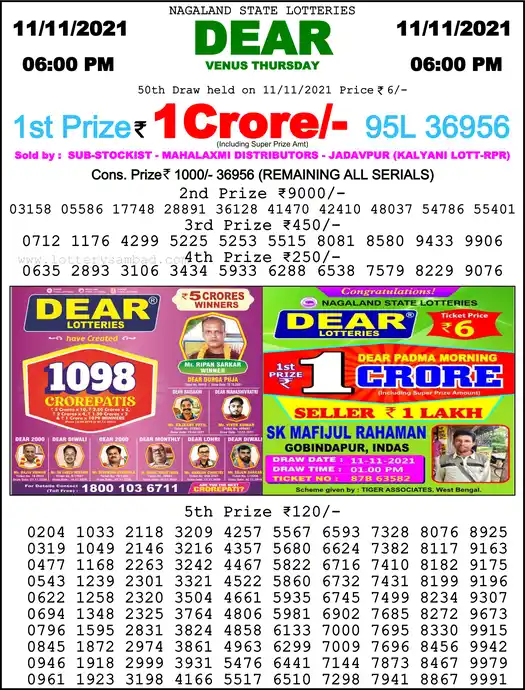 Lottery Sambad 6 PM result 11 Nov 2021
