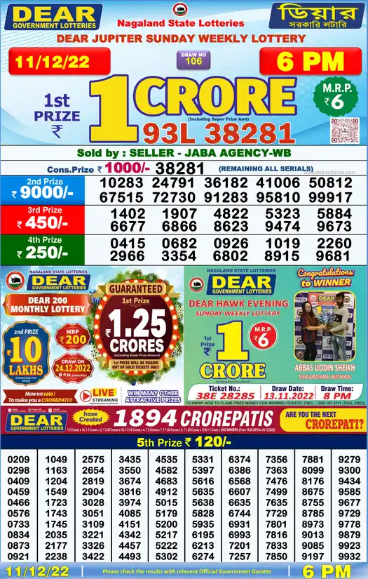 Lottery Sambad 6 PM result 11 Dec 2022