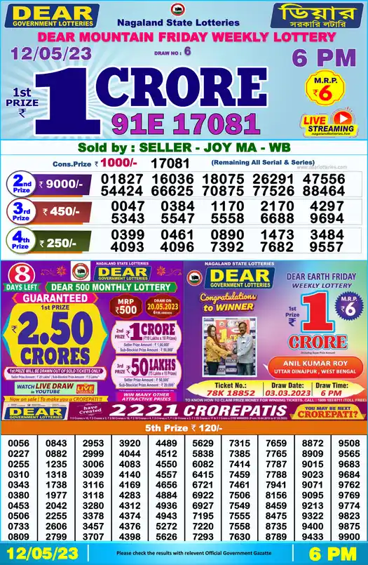 Lottery Sambad 6 PM result 12 May 2023