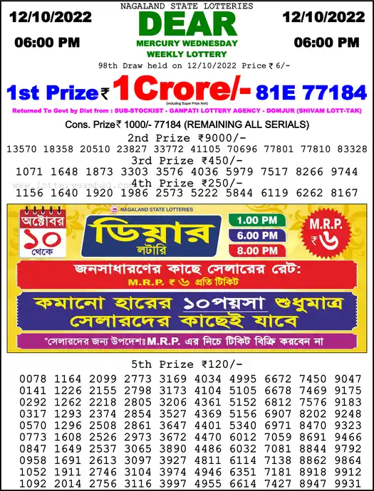 Lottery Sambad 6 PM result 12 Oct 2022