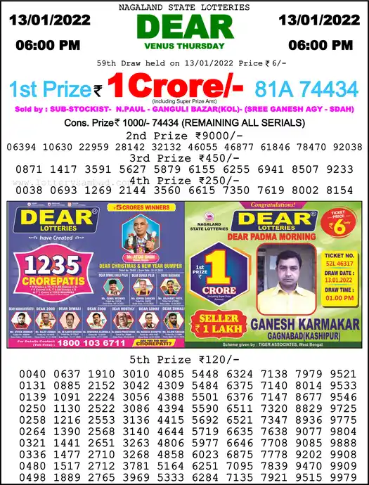 Lottery Sambad 6 PM result 13 Jan 2022