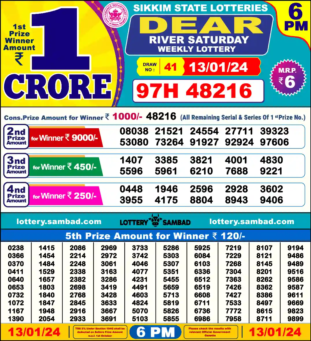 Lottery Sambad 6 PM result 13 Jan 2024