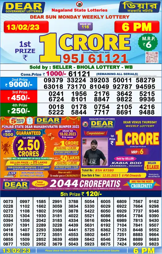 Lottery Sambad 6 PM result 13 Feb 2023