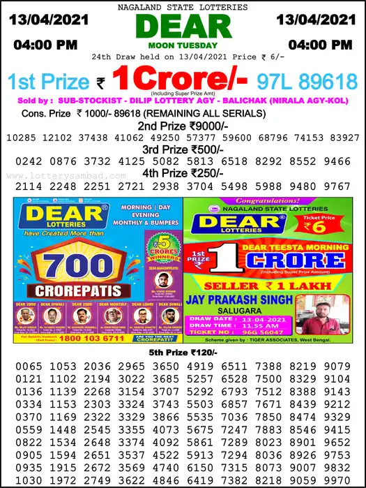 Lottery Sambad 6 PM result 13 Apr 2021