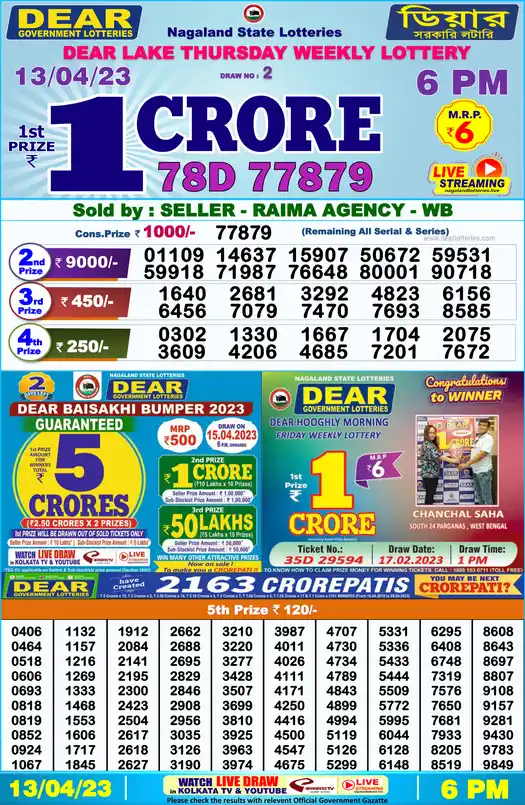 Lottery Sambad 6 PM result 13 Apr 2023