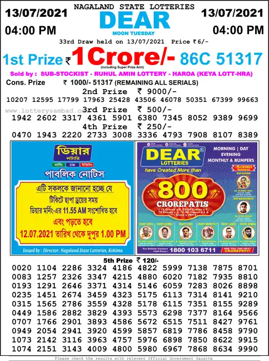 Lottery Sambad 6 PM result 13 Jul 2021