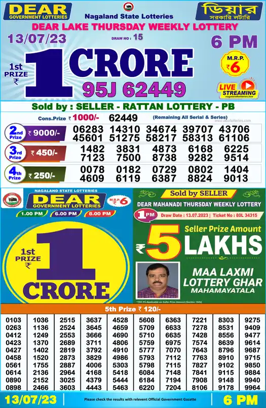 Lottery Sambad 6 PM result 13 Jul 2023