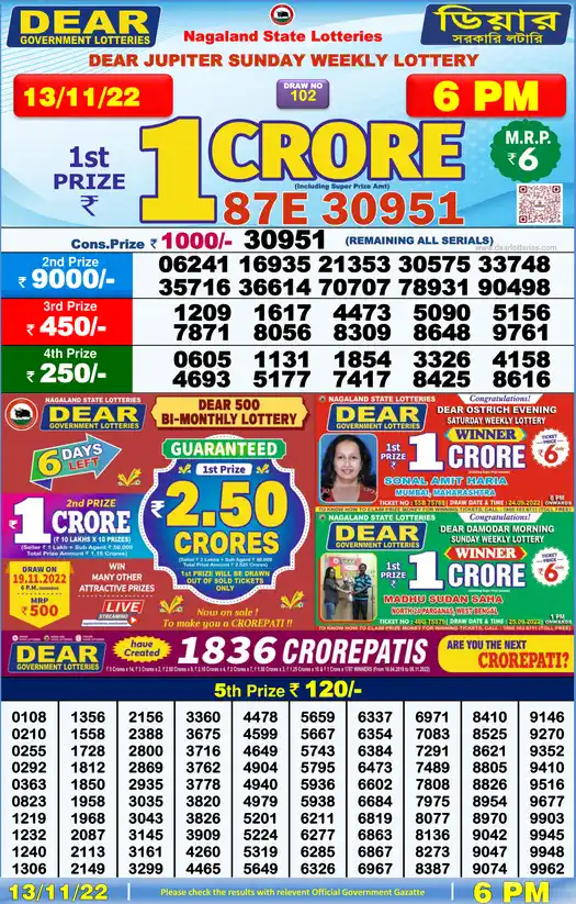 Lottery Sambad 6 PM result 13 Nov 2022