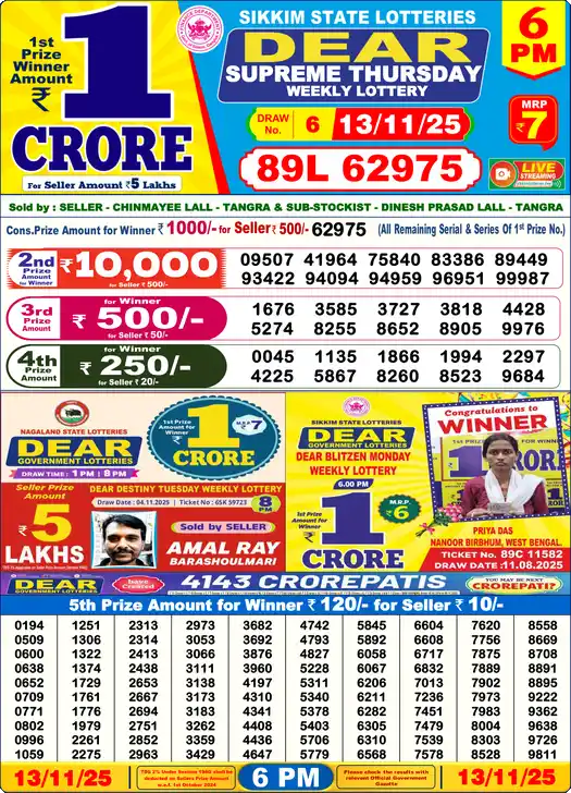 Lottery Sambad 6 PM result 13 Nov 2025