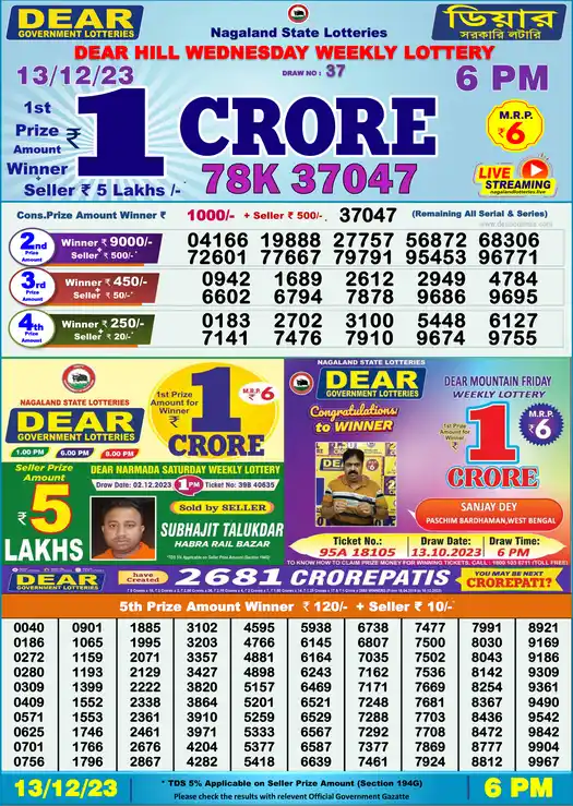 Lottery Sambad 6 PM result 13 Dec 2023