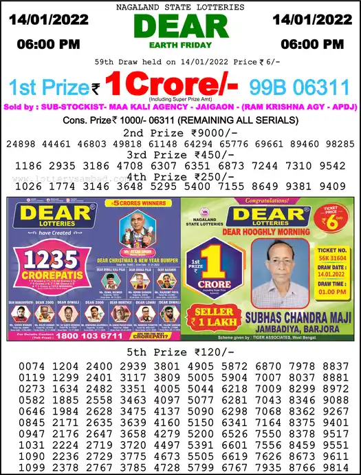 Lottery Sambad 6 PM result 14 Jan 2022