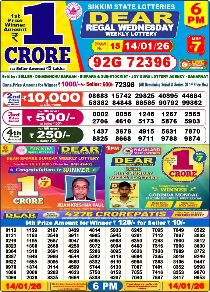Lottery Sambad 6 PM result 14 Jan 2026