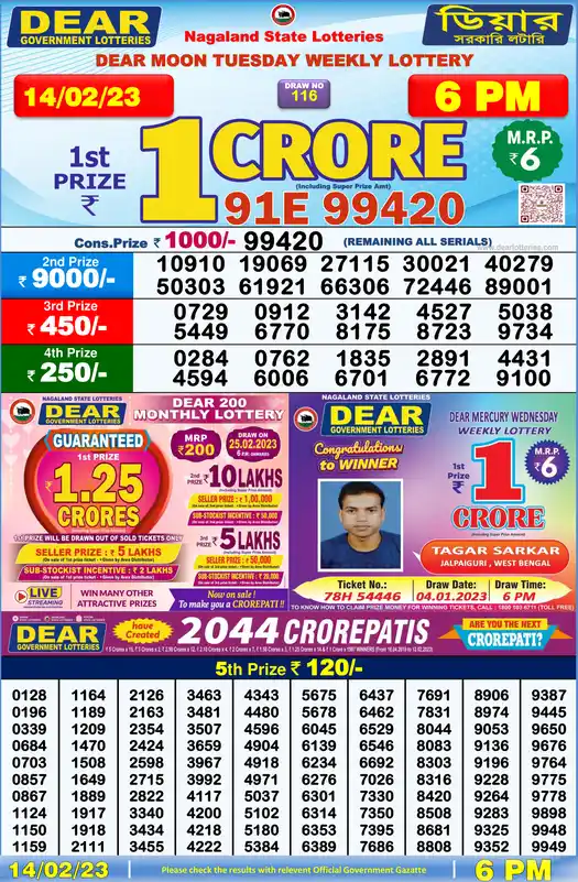 Lottery Sambad 6 PM result 14 Feb 2023