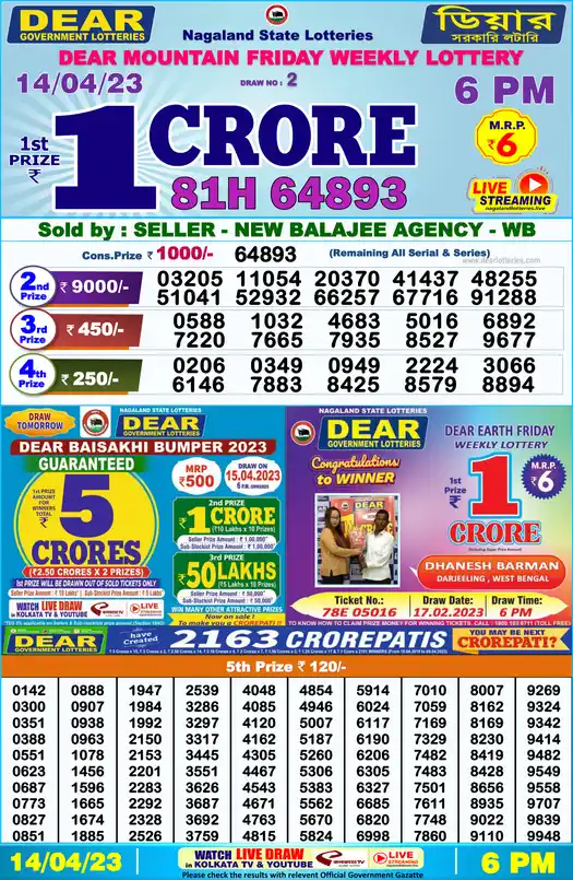 Lottery Sambad 6 PM result 14 Apr 2023
