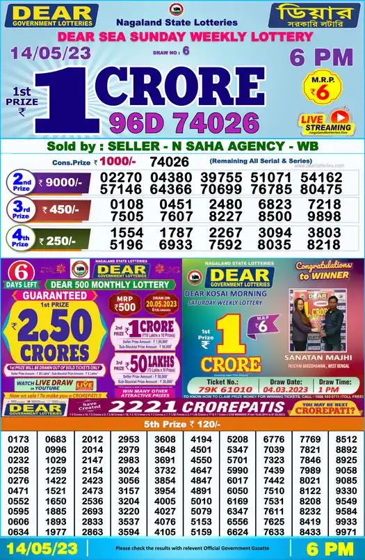 Lottery Sambad 6 PM result 14 May 2023