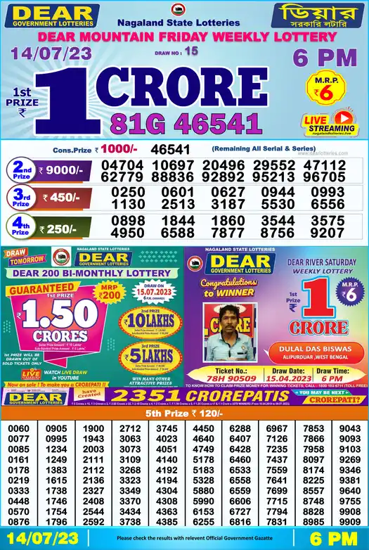 Lottery Sambad 6 PM result 14 Jul 2023