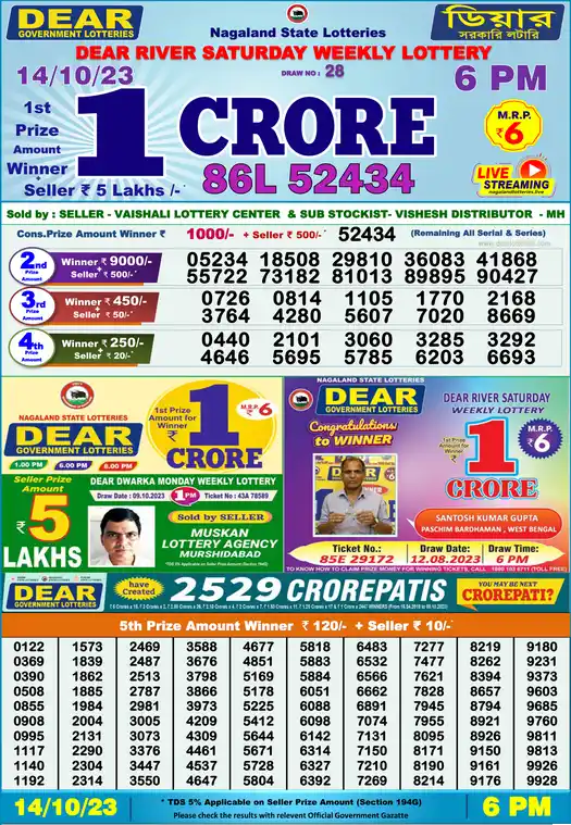 Lottery Sambad 6 PM result 14 Oct 2023