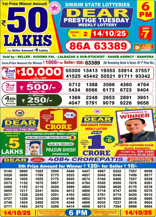 Lottery Sambad 6 PM result 14 Oct 2025